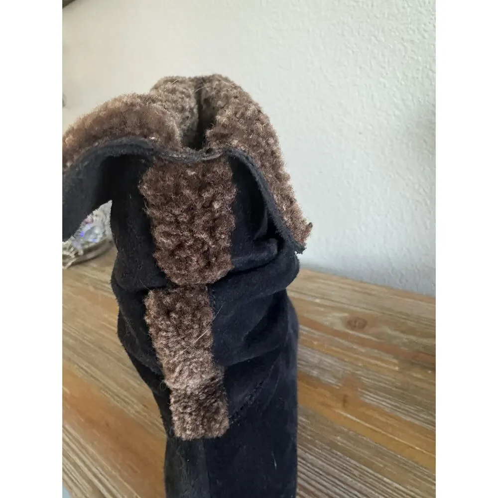 Stuart Weitzman Black Suede Ankle Boots Shearling Accents Foldover Women’s Sz 8